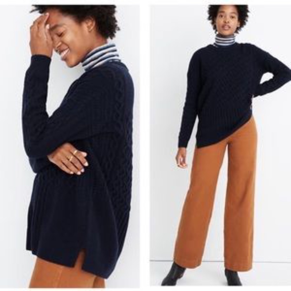 Madewell Patchwork Cableknit Tunic Sweater Navy  S NEW